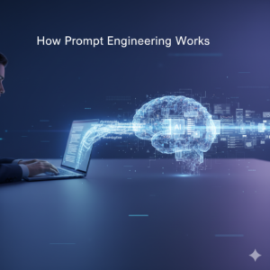 Futuristic illustration of a person interacting with an AI system using text prompts and digital interface”