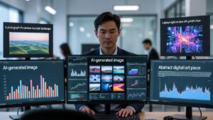 Professional prompt engineer working with multiple AI screens showing text prompts, charts, and generated outputs in a modern office environment